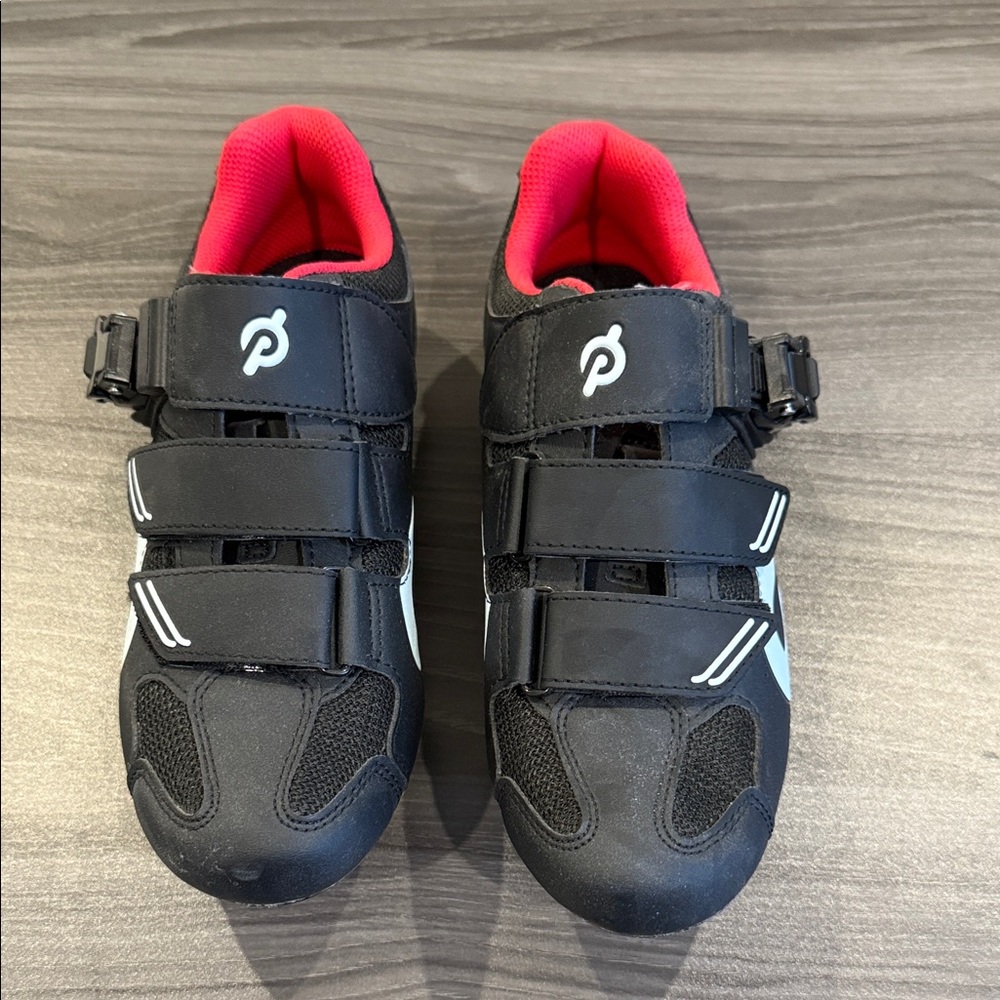 Peloton Black and White Cycling Shoes with Red Accents